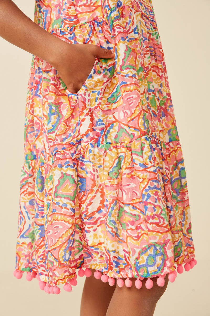 Girls Textured Abstract Floral Pom Pom Hem Dress