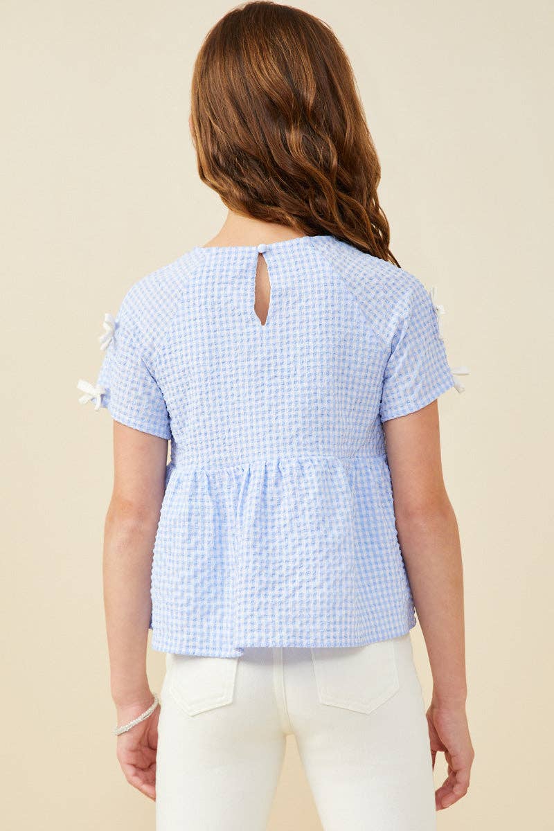 Girls Contrast Ribbon Gingham Babydoll Top
