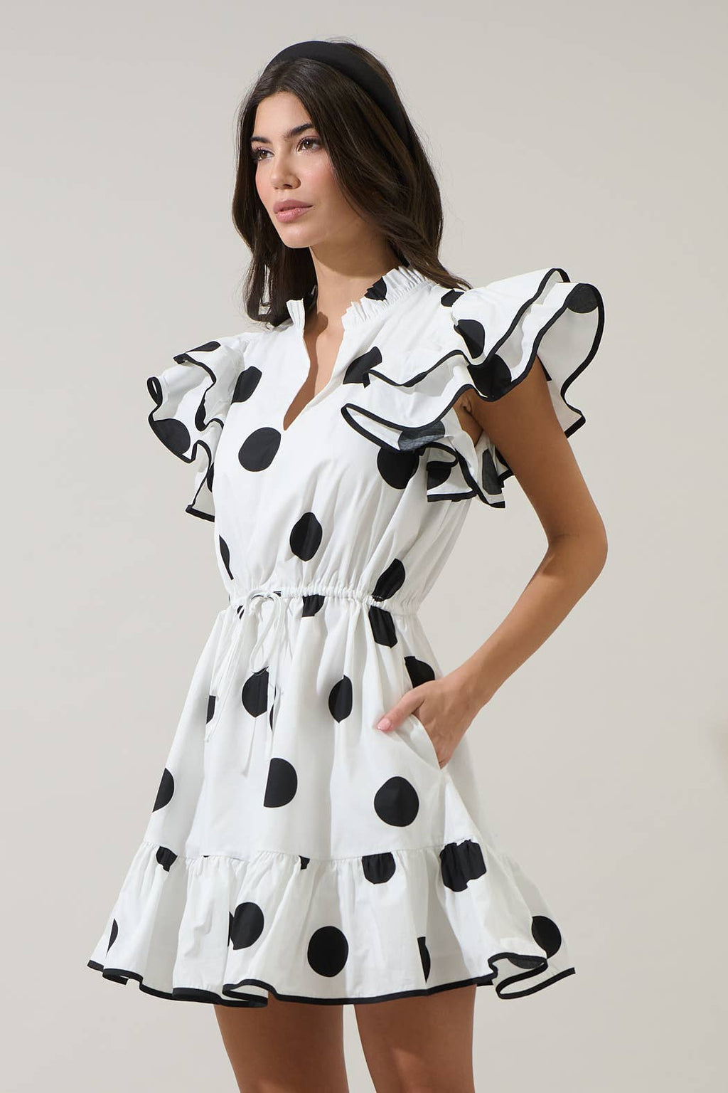 Randal Polka Dot Ruffle Shift Mini Dress