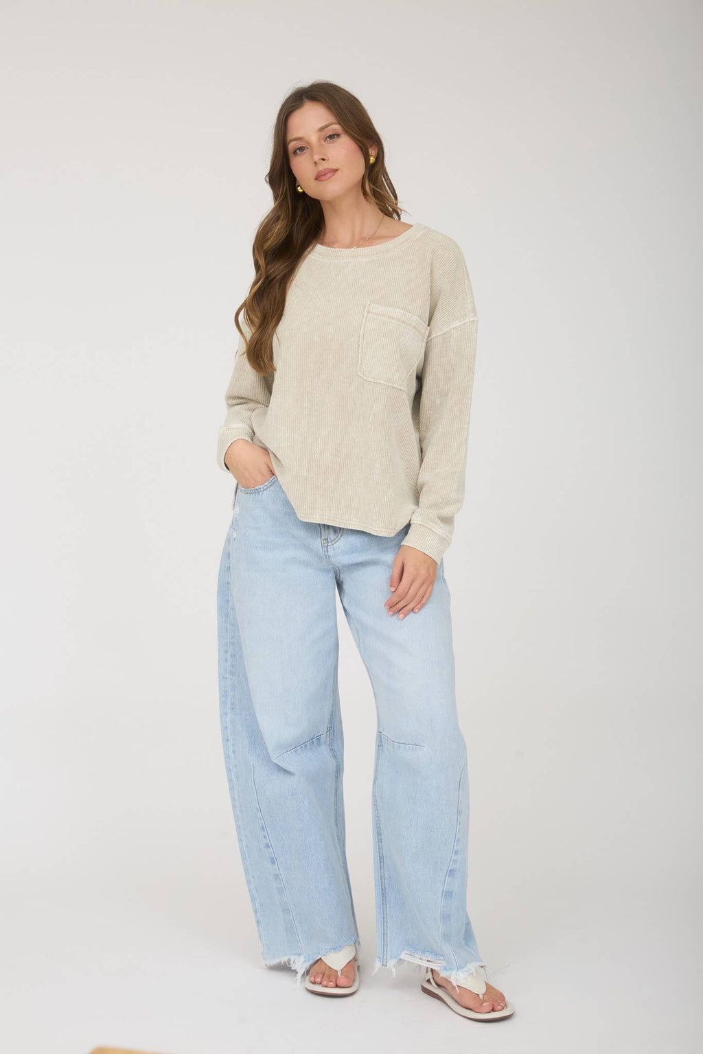 J.O.A - WASHED POCKET DETAIL LONG SLEEVE RIB KNIT TOP