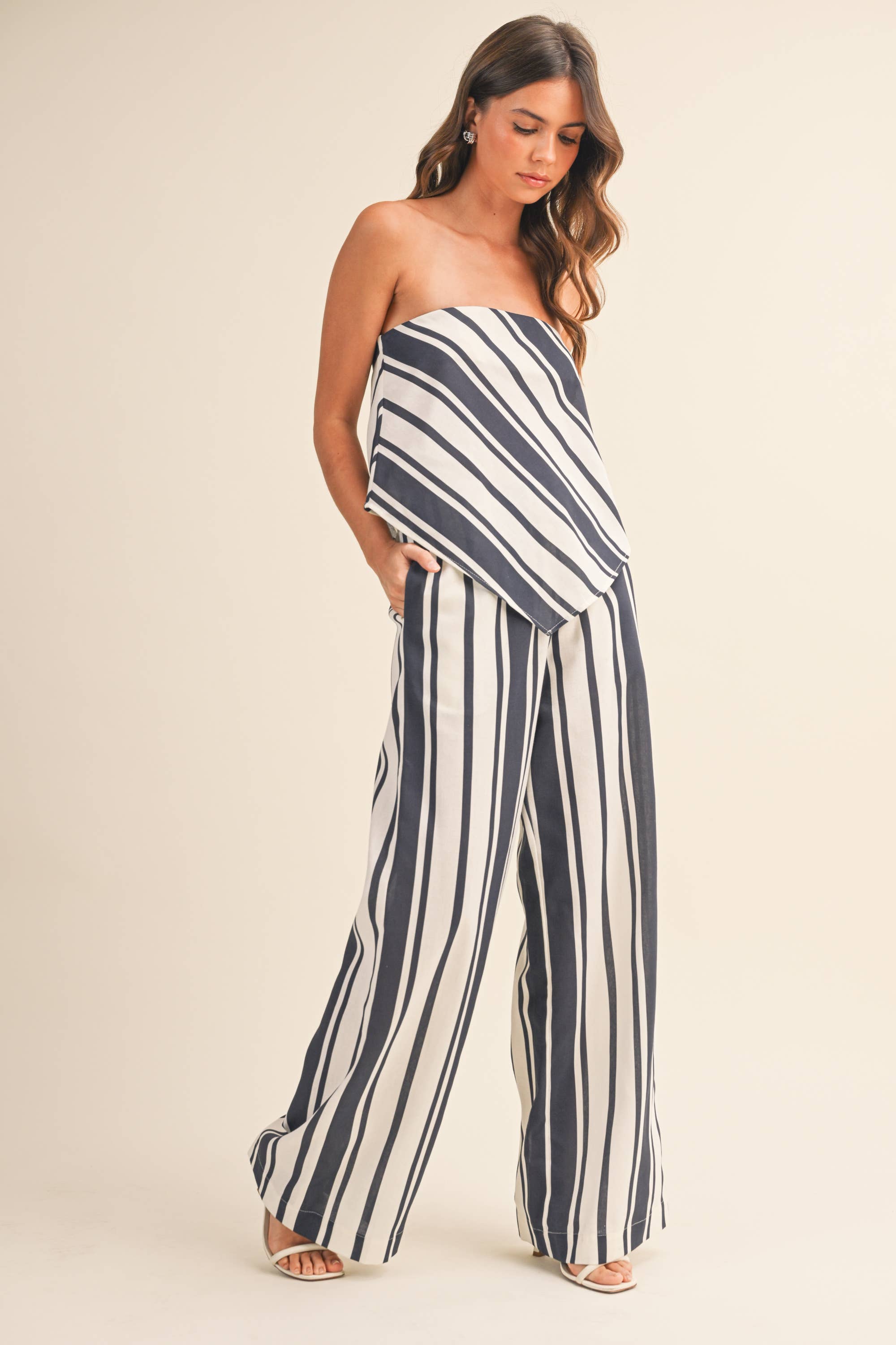 Klesis - IST6376 STRIPED LINEN TUBE TOP AND WIDE LEG PANTS SET