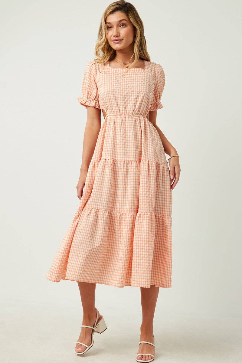 Womens Square Neck Side Cutout Tie Detail Gingham Dresss