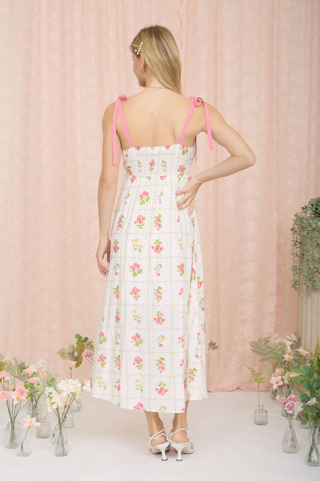 PLUS FLORAL TILE PATTERN TIE STRAP MIDI DRESS