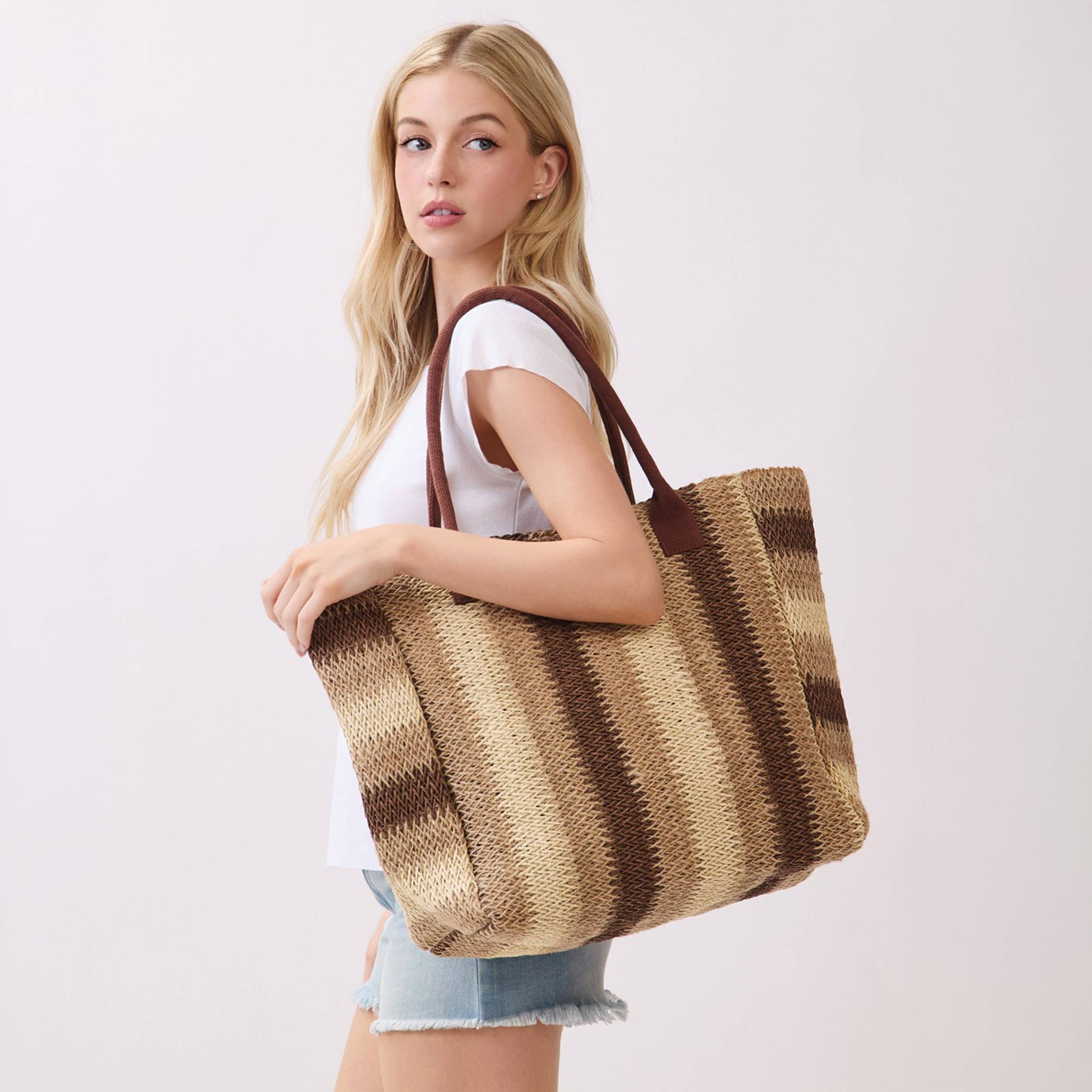 Hana - Multi Color Stripe Pattern Natural Brown Straw Tote Bag