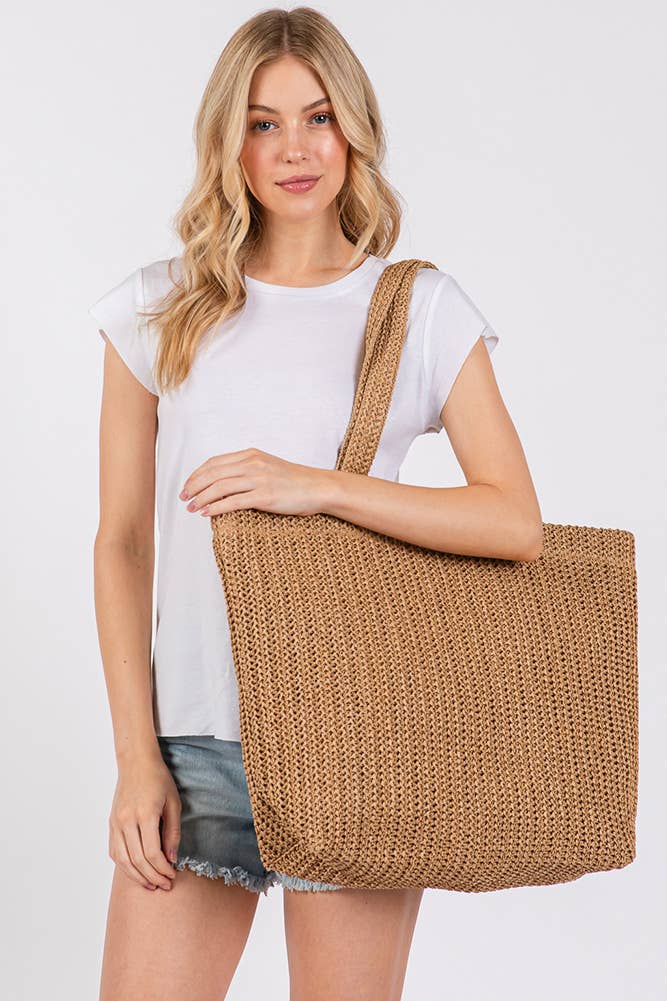 Solid Color Crochet Summer Straw Tote Bag