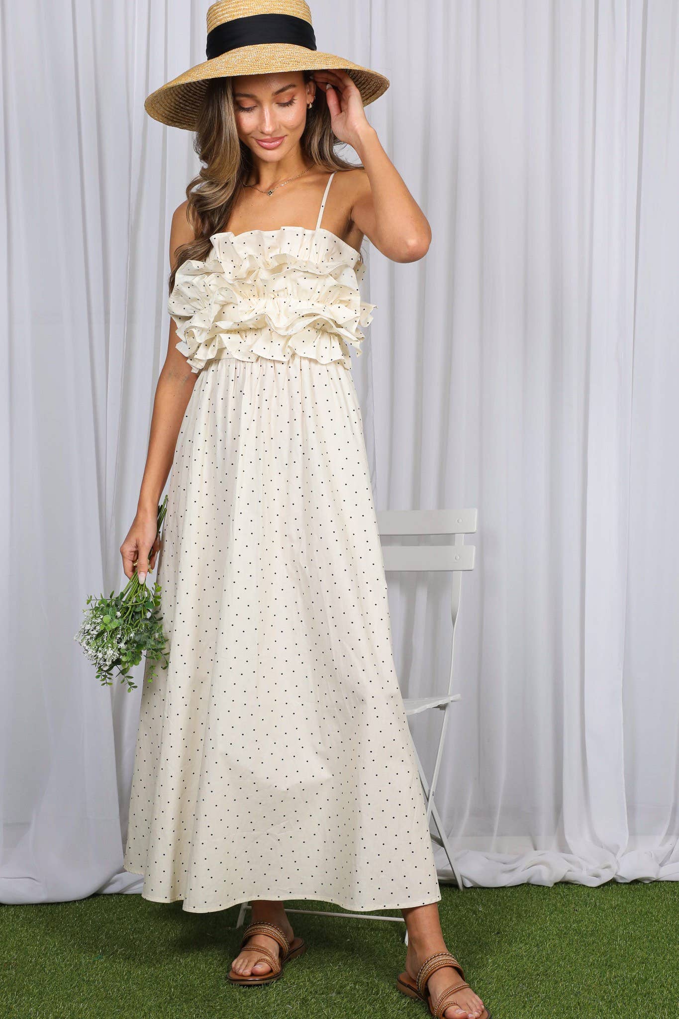 Dotted Pattern Ruffle Accent Dress