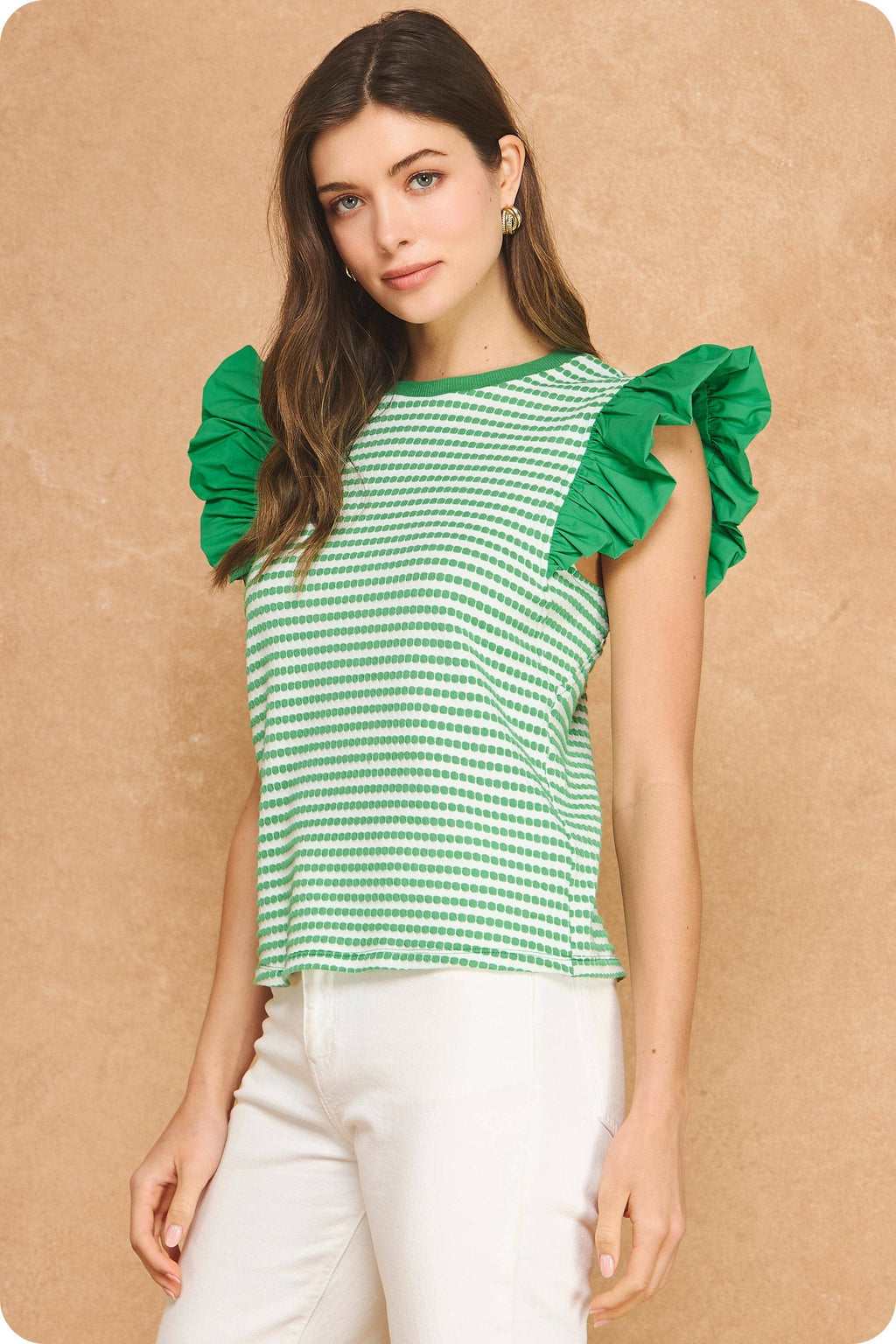 Strut & Bolt - Textured Stripe Bubble Ruffle Sleeve Knit Tee Top