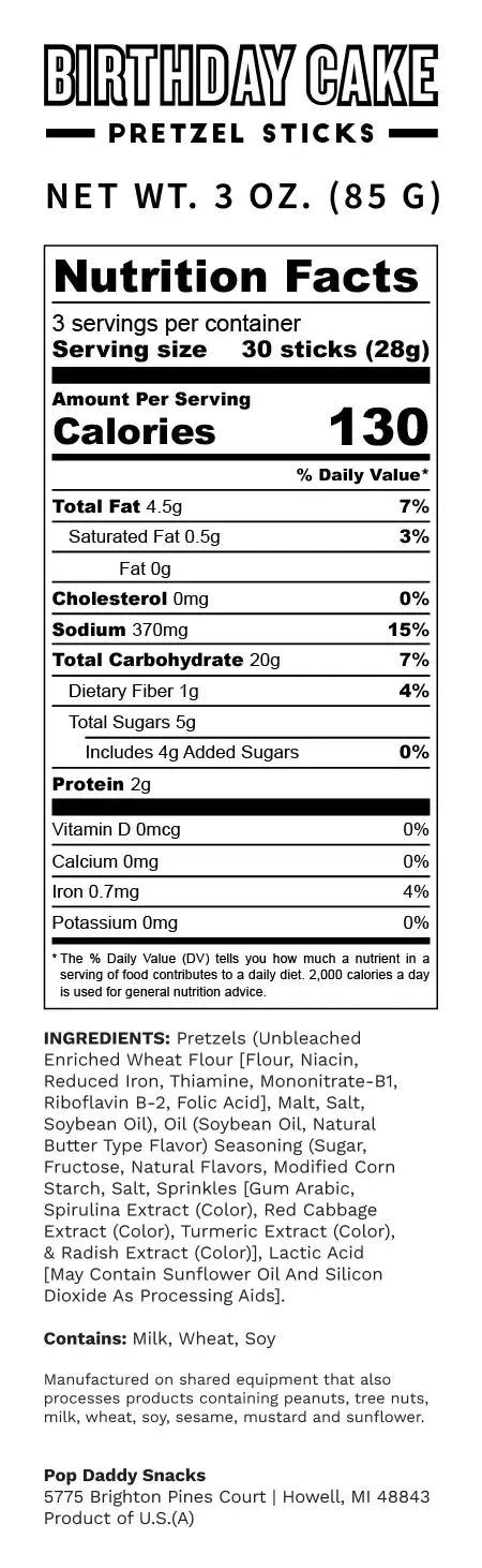 Pop Daddy Snacks - Seasoned Pretzels - 3oz - Birthday Cake (NEW 12CT)