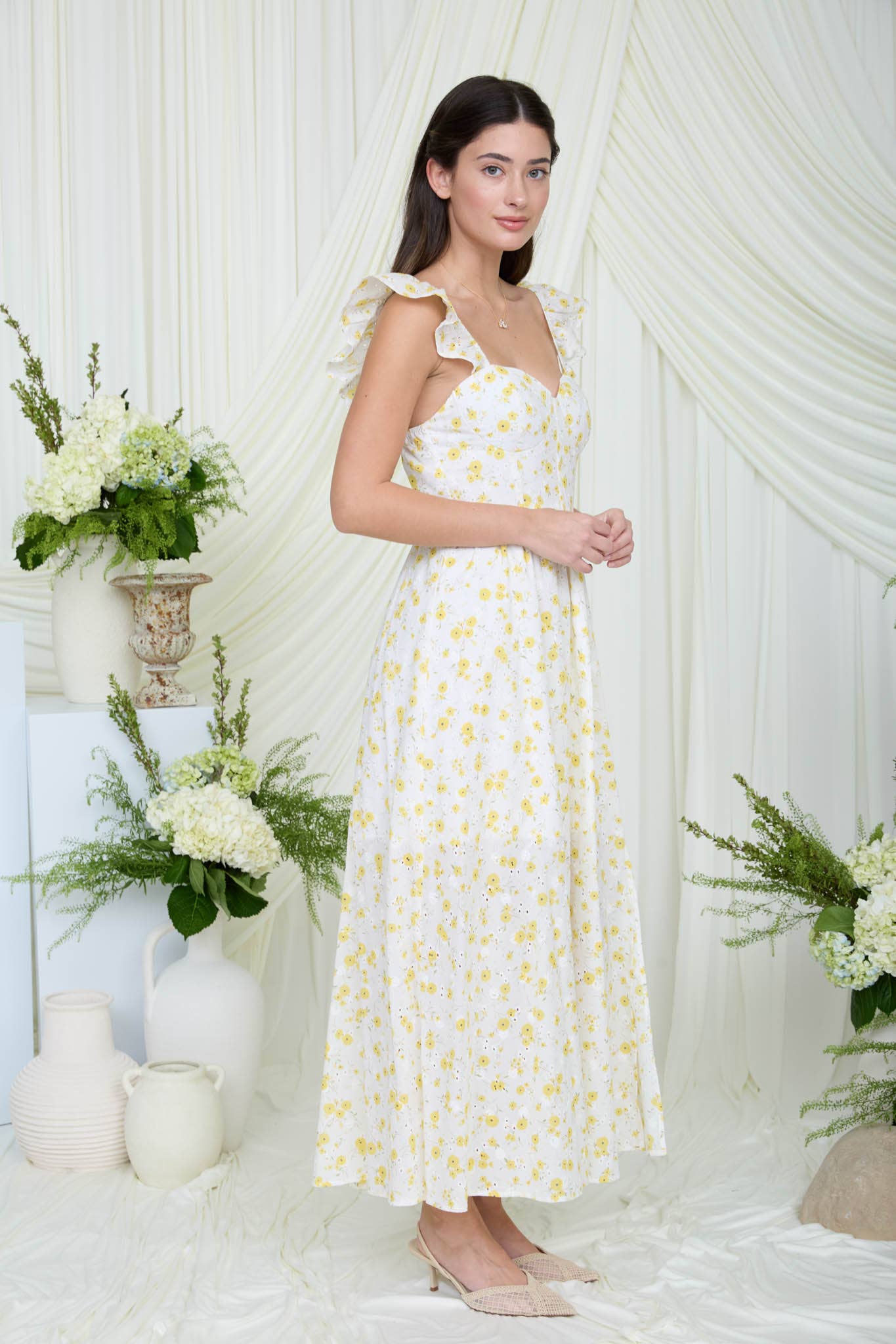 Blu Pepper - FLORAL EYELET PATTERN FRONT SLIT CORSET MIDI DRESS