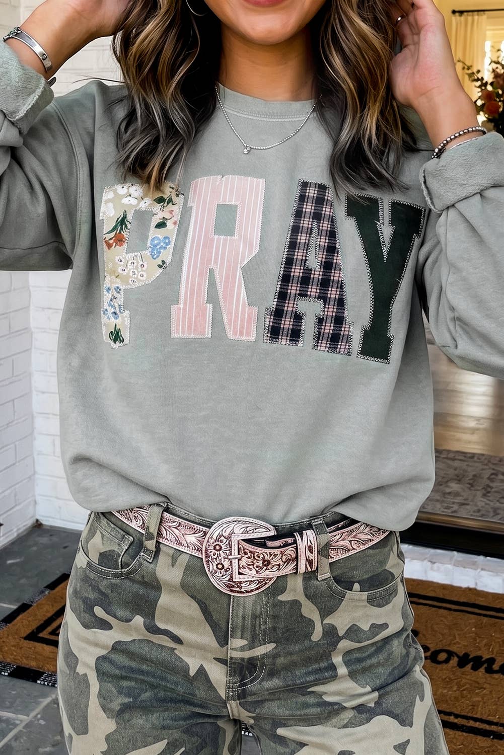 LA Society - LAS Western PRAY Plaid Letter Patchwork Sweatshirt (S-4X)