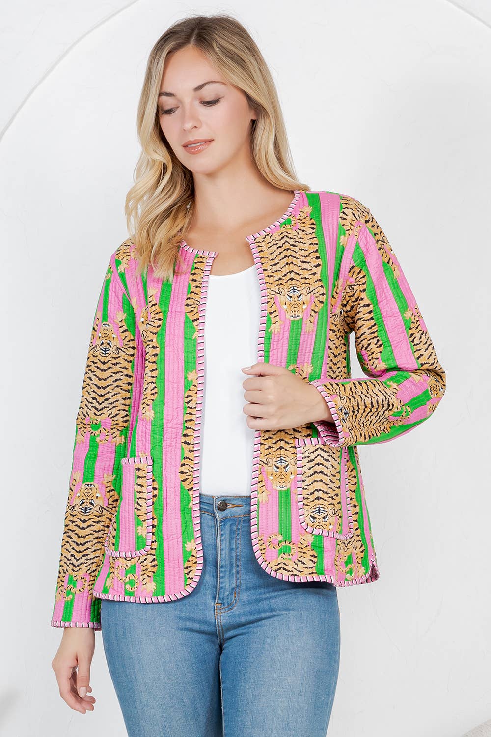 LA Soul - Tiger Print Quilted Cotton Jacket - Pink