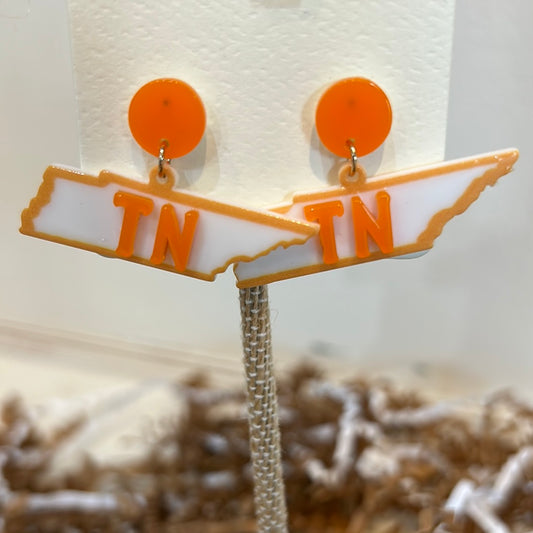 Acrylic Tennessee Earrings in the shape of Tennessee with orange and white accents and round, orange stud..