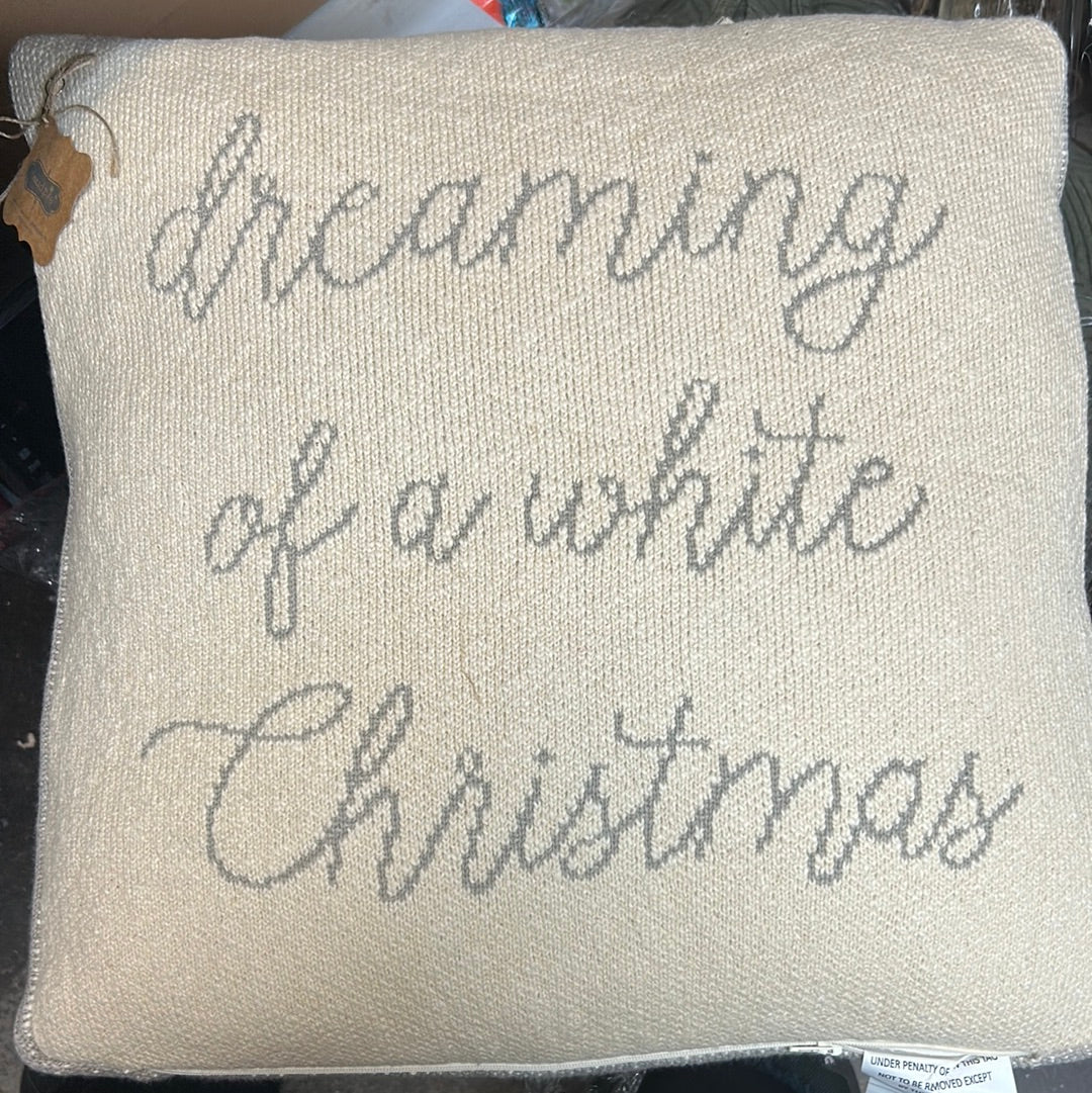 Reversible Christmas pillow with "dreaming of a white Christmas" message.