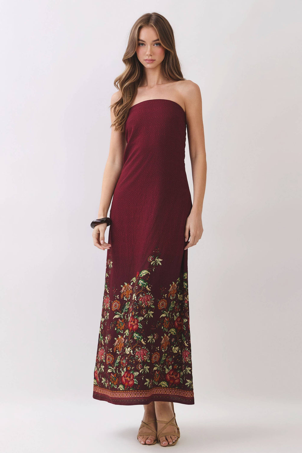 TCEC - CD07414-Border Floral Strapless Maxi Dress
