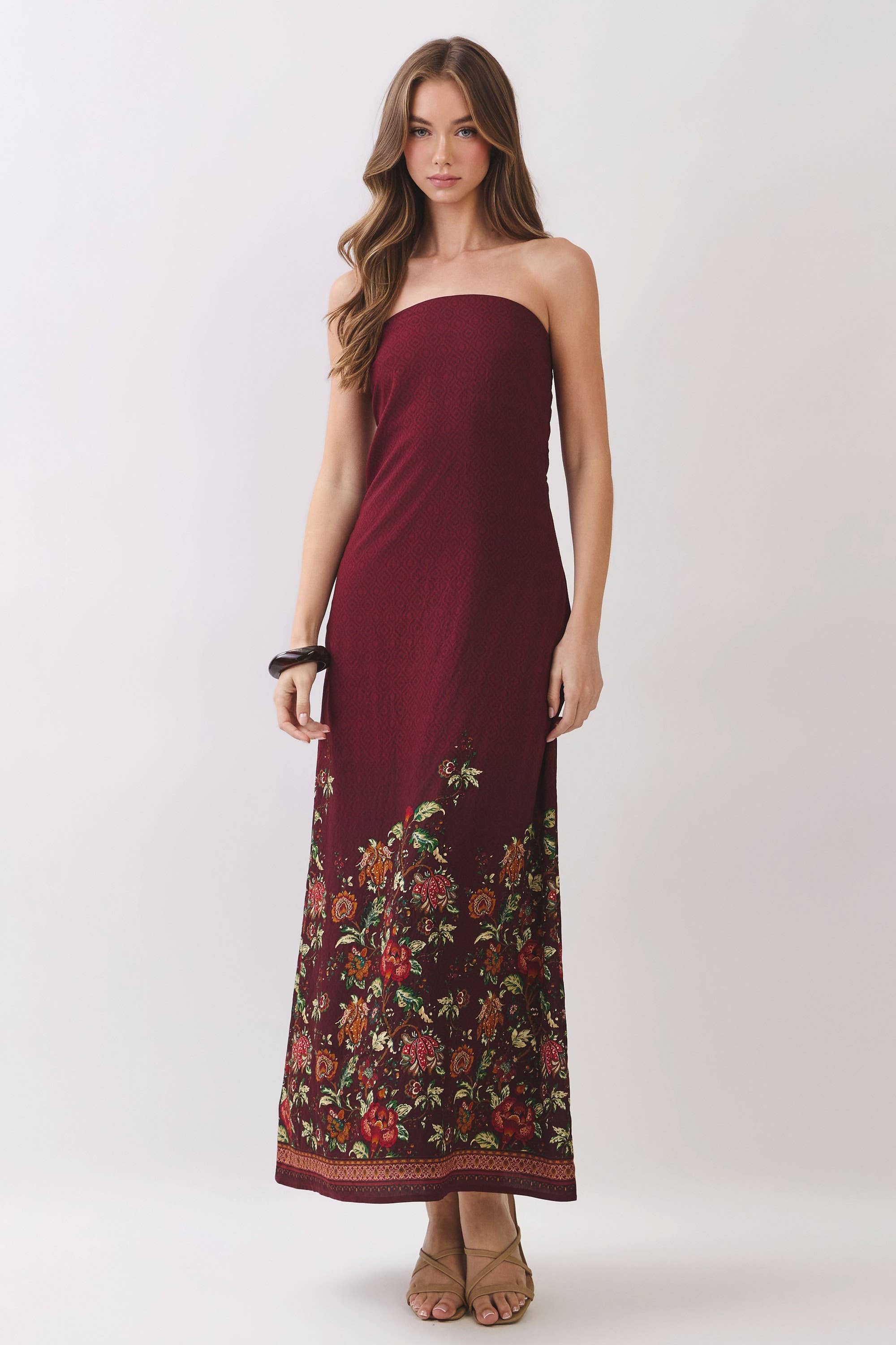 TCEC - CD07414-Border Floral Strapless Maxi Dress
