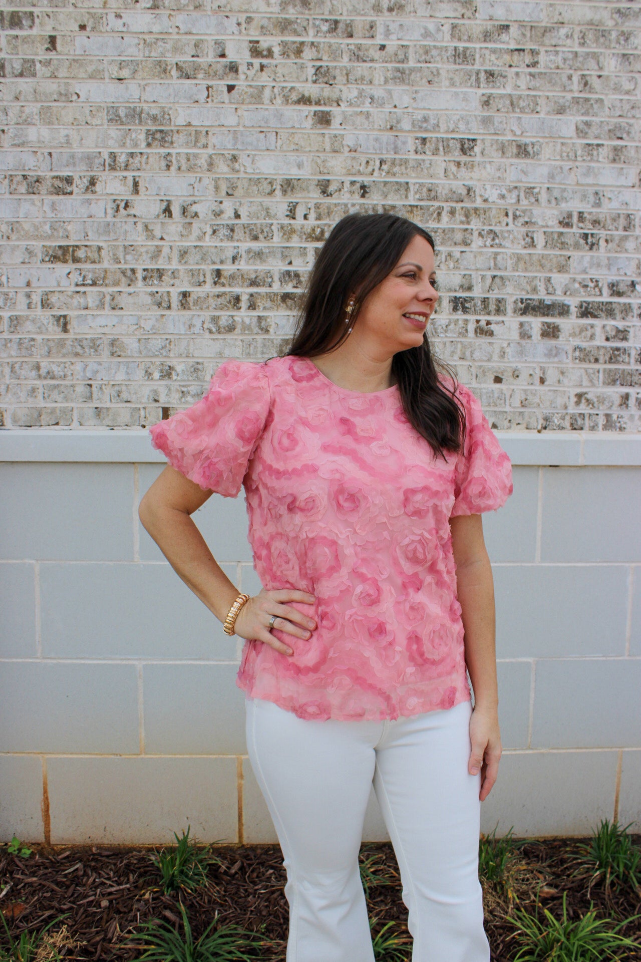 Womens Floral Textured Puff Sleeve Organza Top
