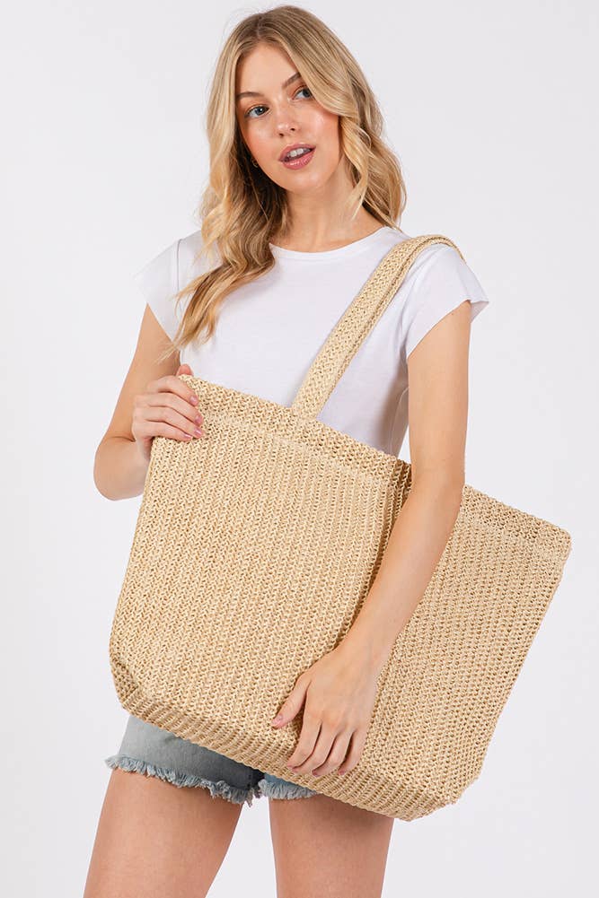 Solid Color Crochet Summer Straw Tote Bag