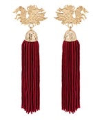 Garnet tassel earrings with a golden gamecock.