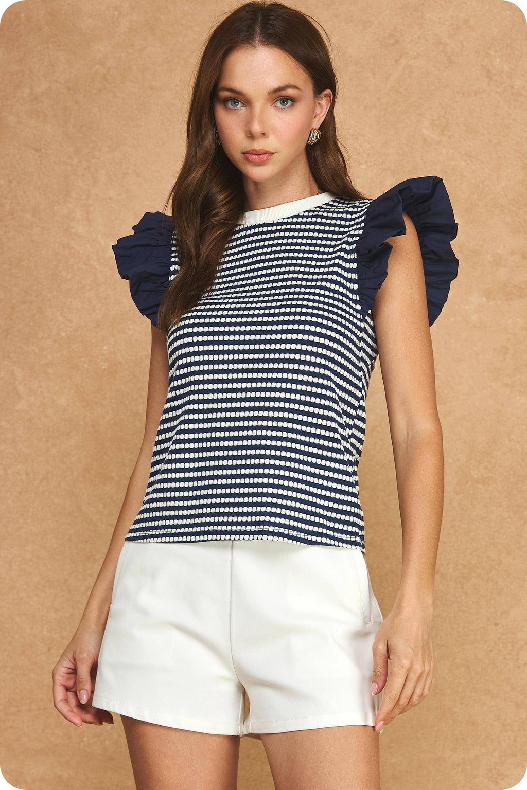 Strut & Bolt - Textured Stripe Bubble Ruffle Sleeve Knit Tee Top