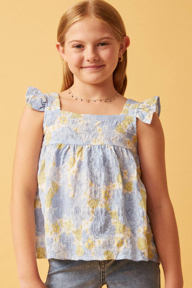 Hayden LA - Girls Textured Floral Button Back Ruffle Tank