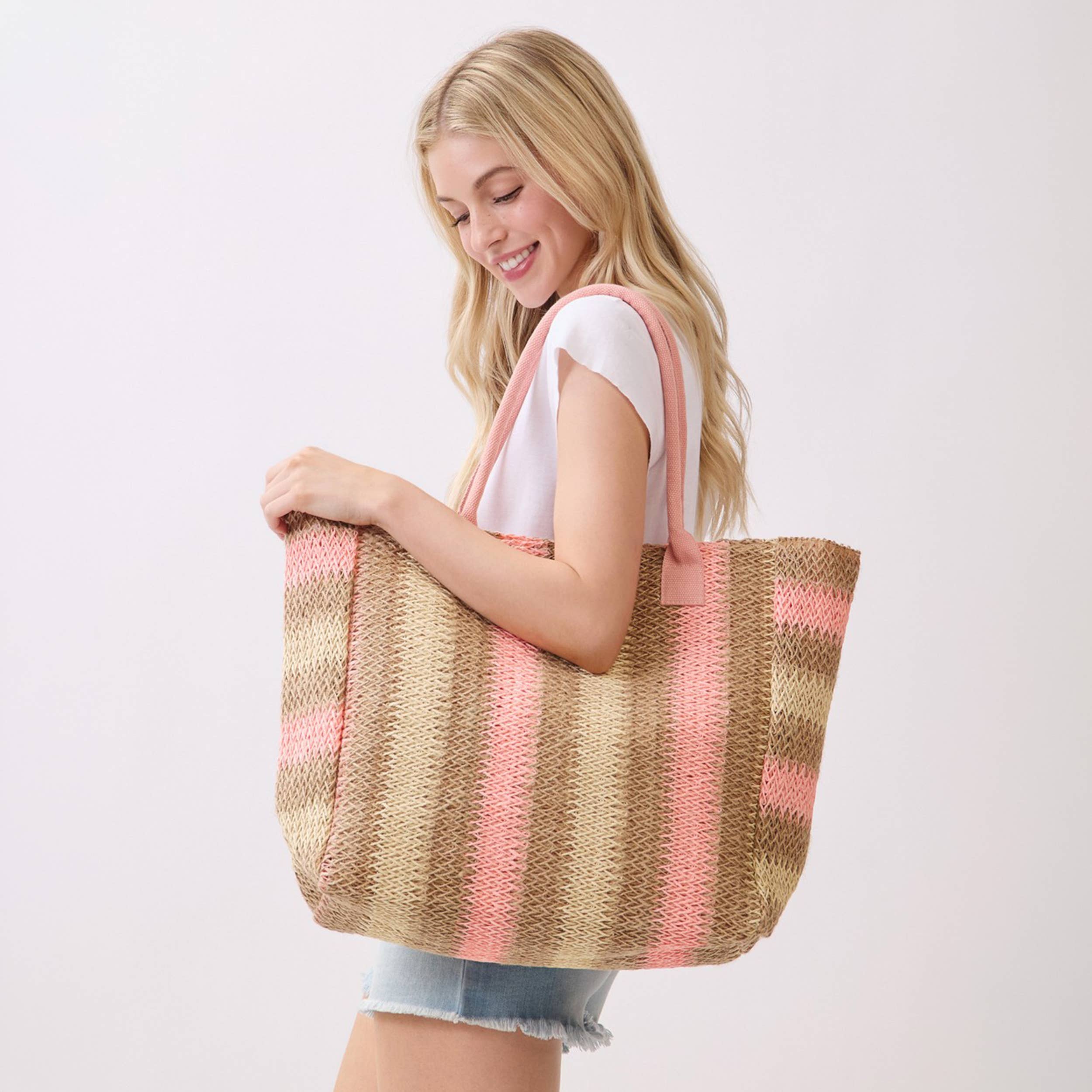 Hana - Multi Color Stripe Pattern Natural Brown Straw Tote Bag