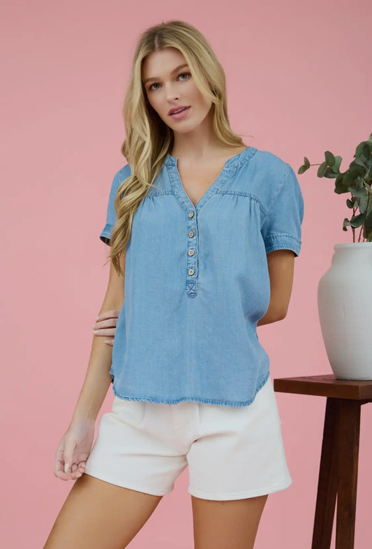 Chambray Half Button Yoke
Detail Blouse