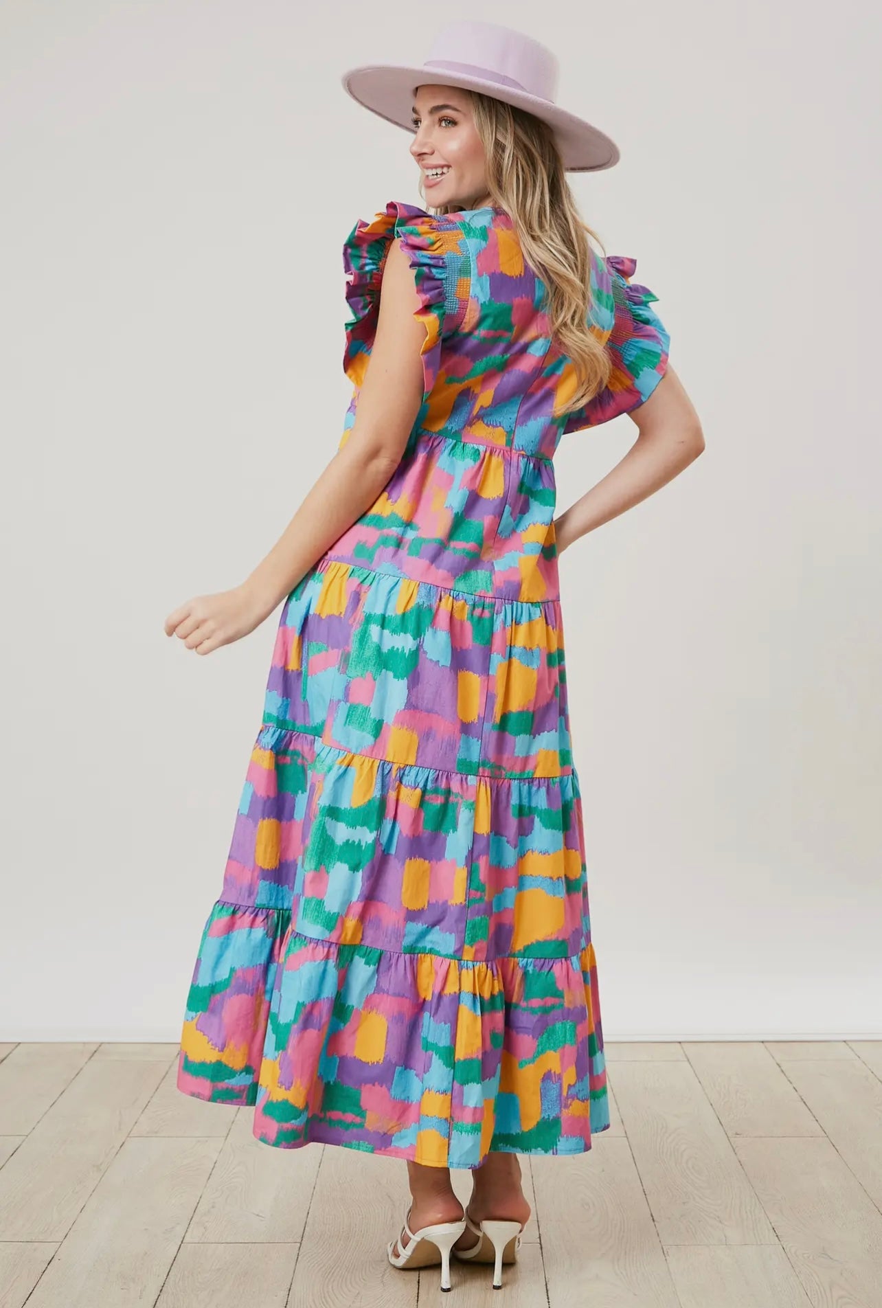 Smocked Ruffle Sleeve Abstract Colors Midi Dress