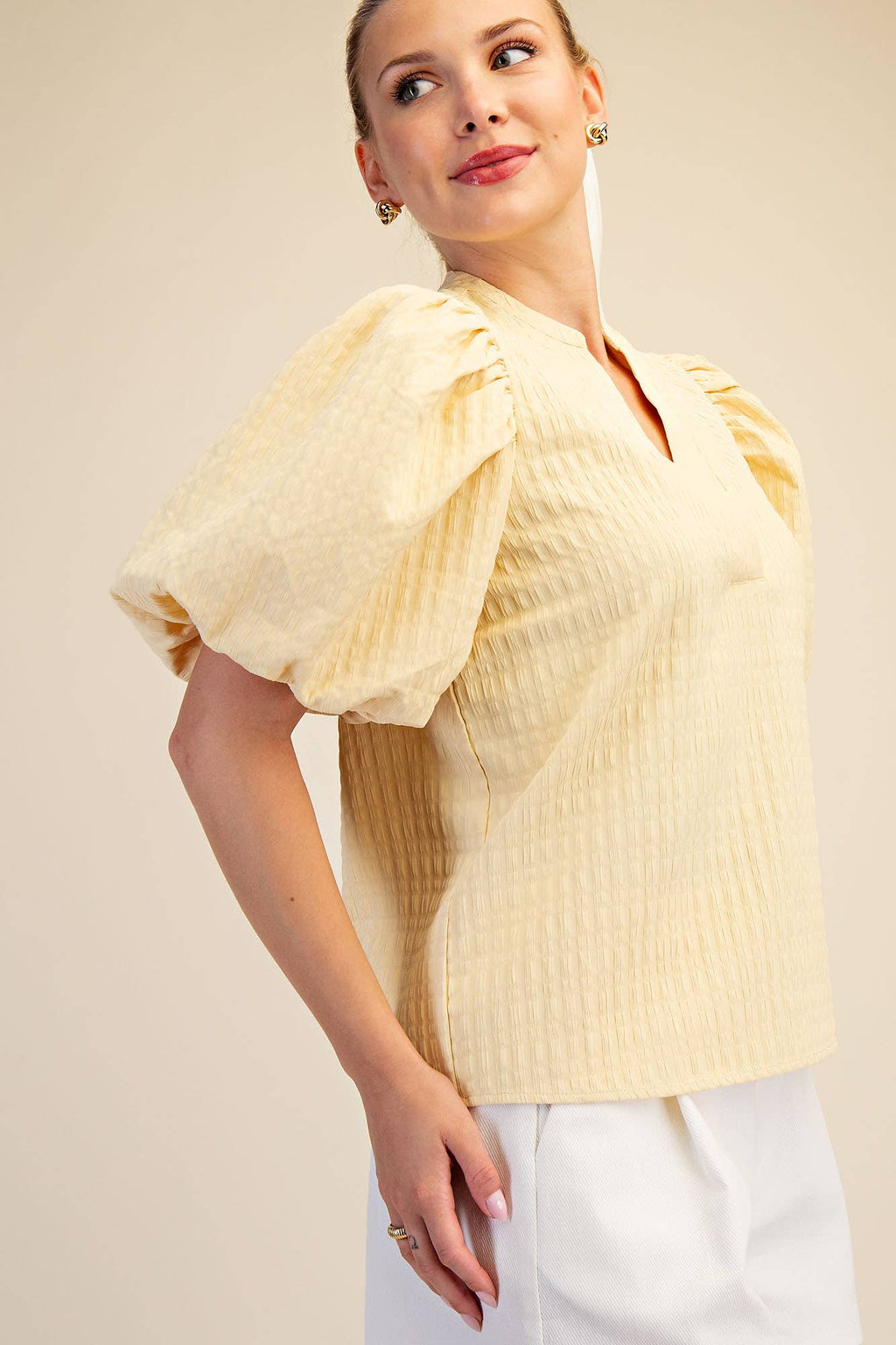 V-Neck Puff-Sleeve Textured Top