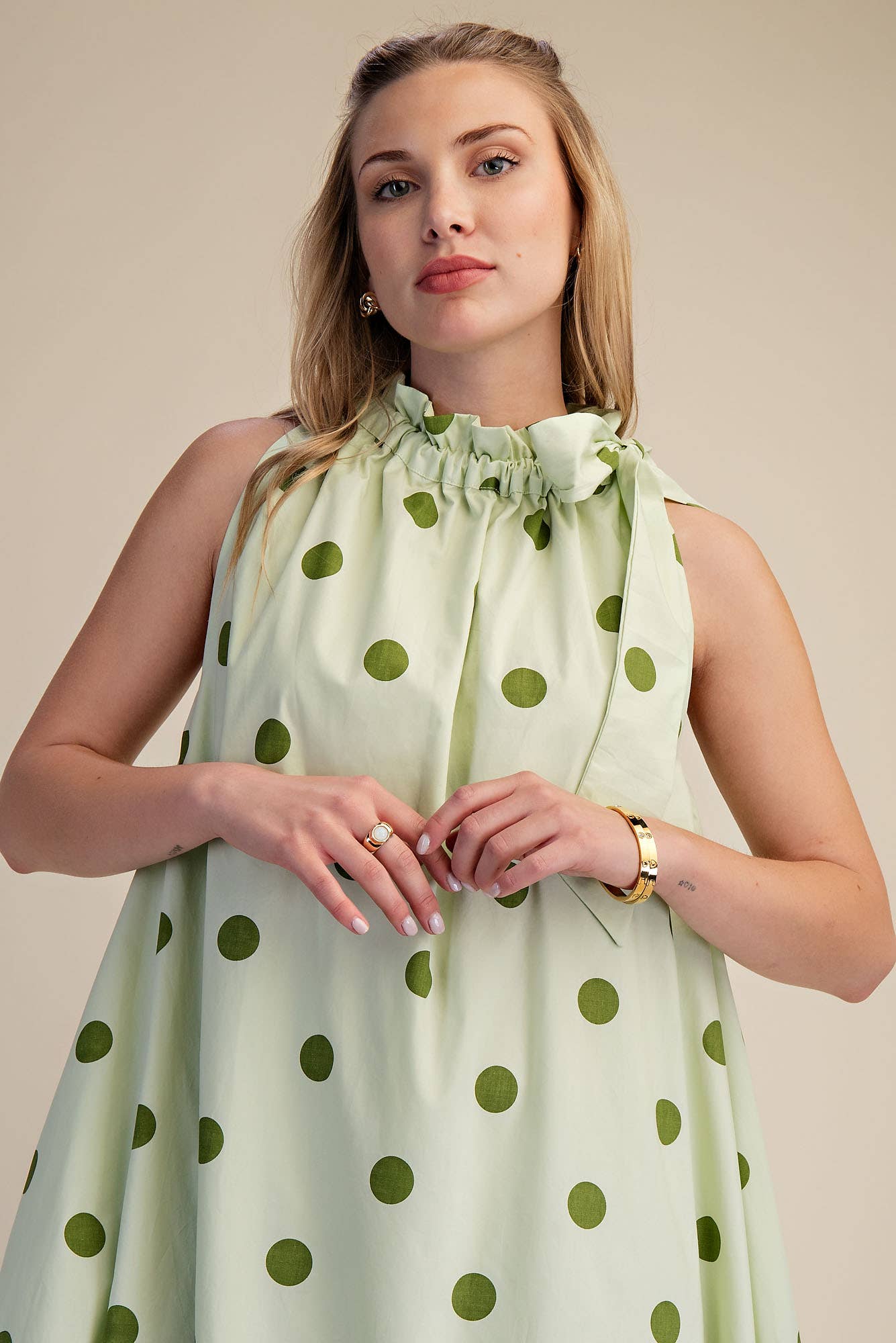 Ruffle Neck Tie Polka Dot Sleeveless Midi Dress
