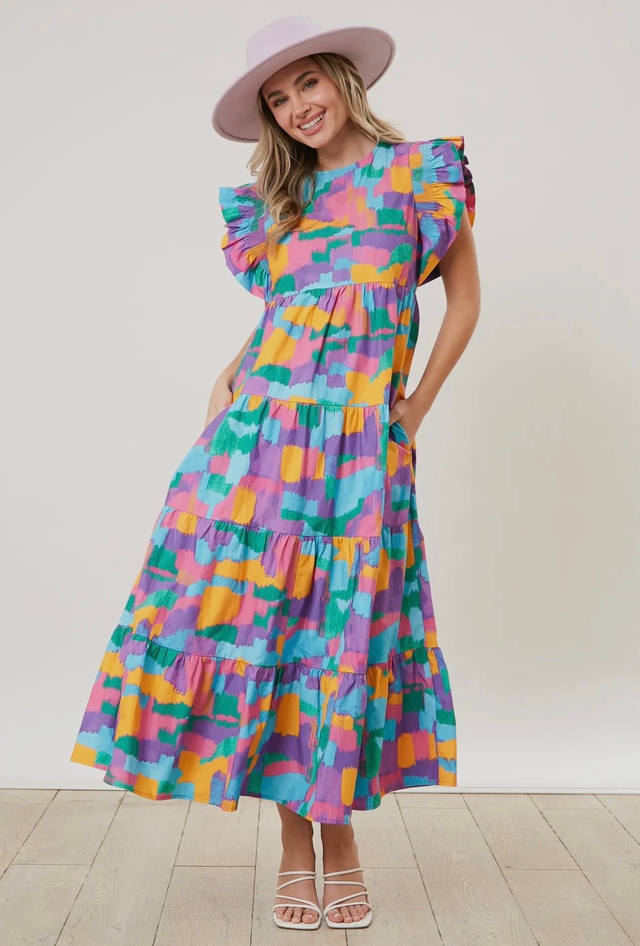 Smocked Ruffle Sleeve Abstract Colors Midi Dress