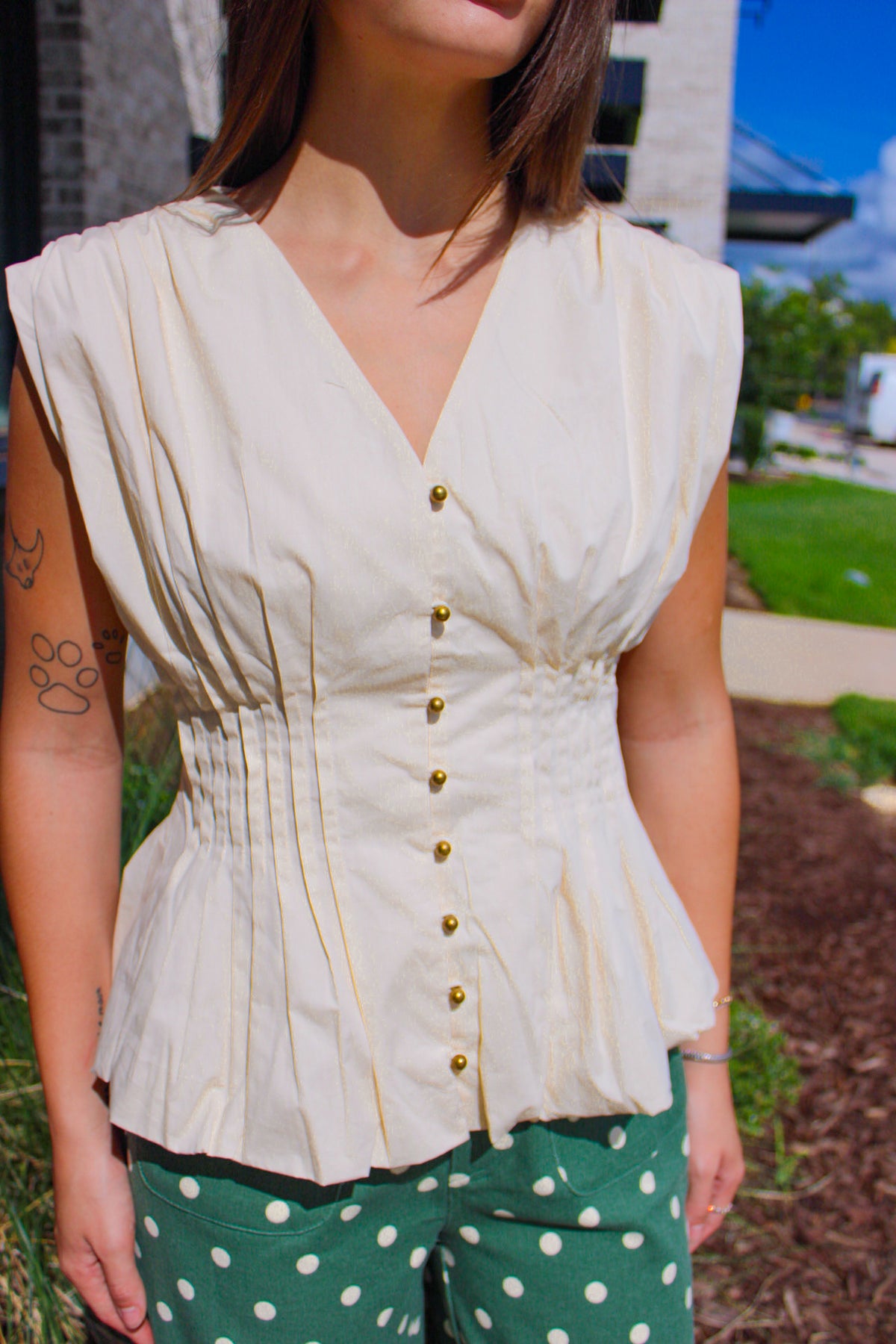 Ruched Shoulder Detail Pleated Waist Top