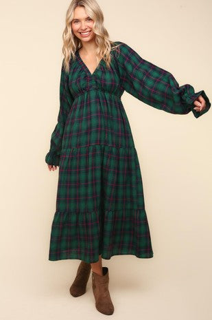 Plaid Tiered Babydoll Maxi Dress With Bubble Sleeves