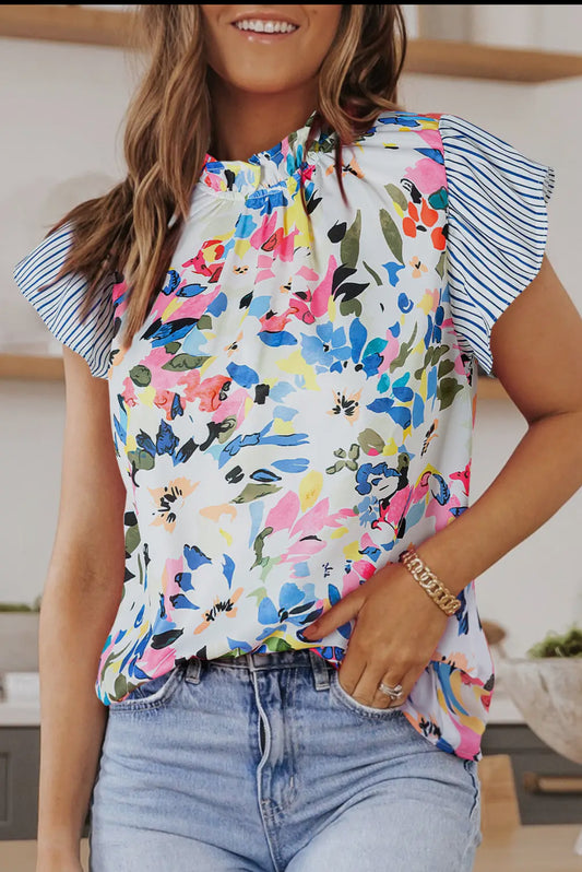 Women Floral Print Striped Ruffled
Sleeve Blouse