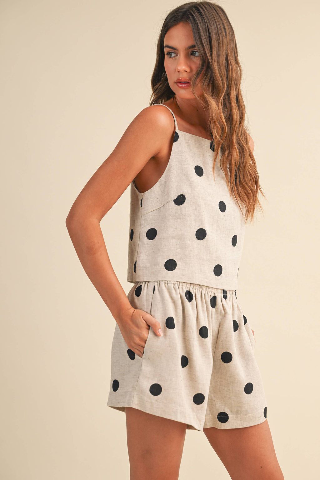 POLKADOT LINEN SLEEVELESS TOP AND SHORTS SET