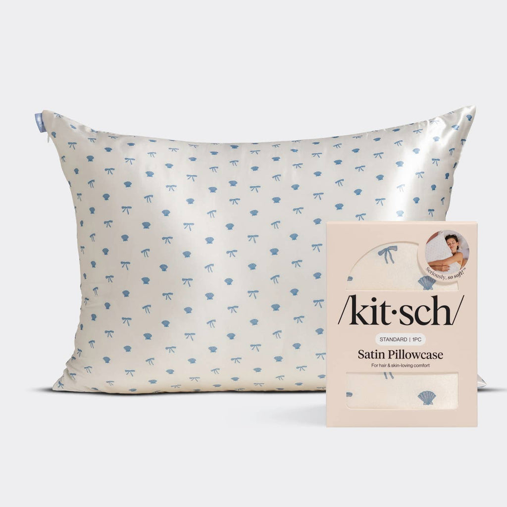 KITSCH - Standard Satin Pillowcase - Pearlized Cream & Coastal Blue Print