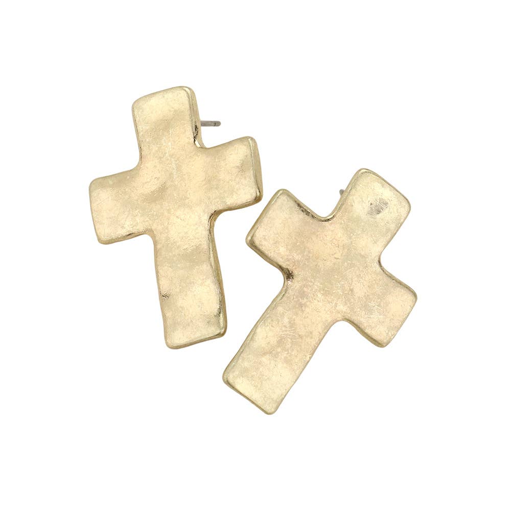 Gold Dipped Hammered Matte Metal Cross Earrings