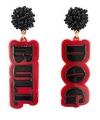 Red and black earrings with black, beaded studs. One earring features "BULL" and the other "DOG", both in black lettering.