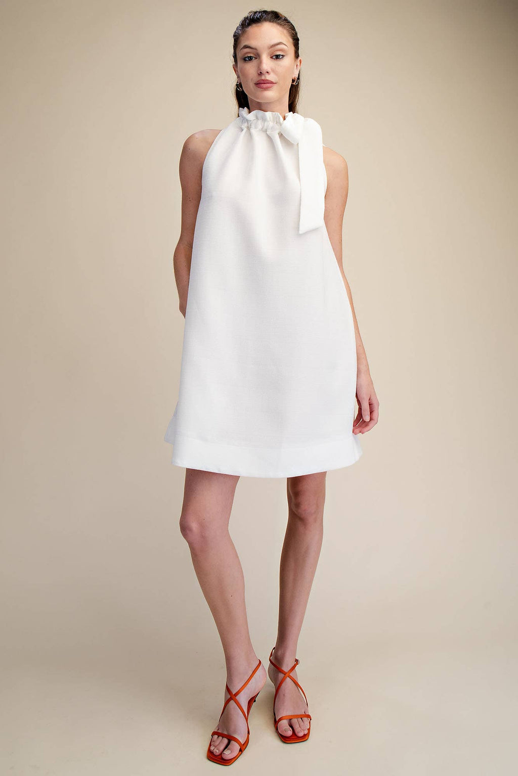 Tie Round Ruffle Neck Sleeveless Mini Dress