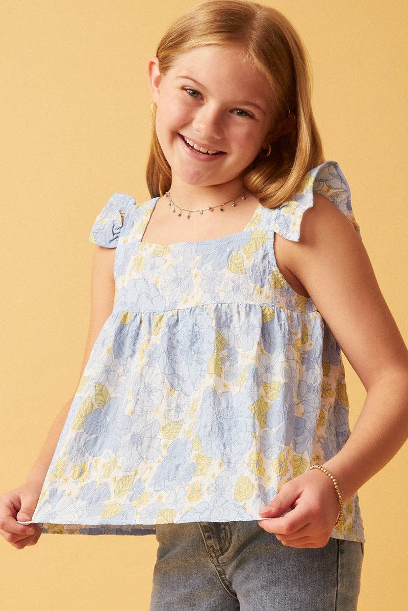 Hayden LA - Girls Textured Floral Button Back Ruffle Tank
