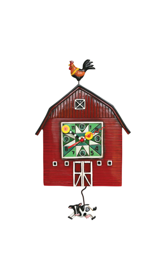 Red barn clock with a rooster and cow.