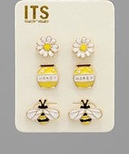 3-pack of bee themed earrings. A pair of white daisies. A pair of honey pots. A pair of bees.