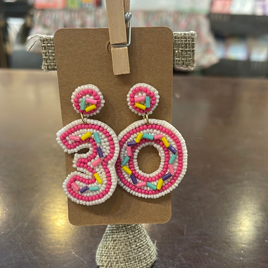 Beaded "30" birthday earrings.