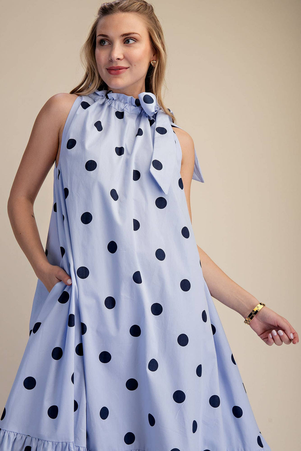 Ruffle Neck Tie Polka Dot Sleeveless Midi Dress