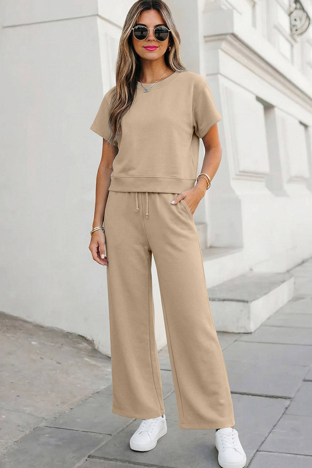 Aapparella - Soft Color Tee & Wide Leg Pants 2pcs Set | S-XL Plus 1X-4X