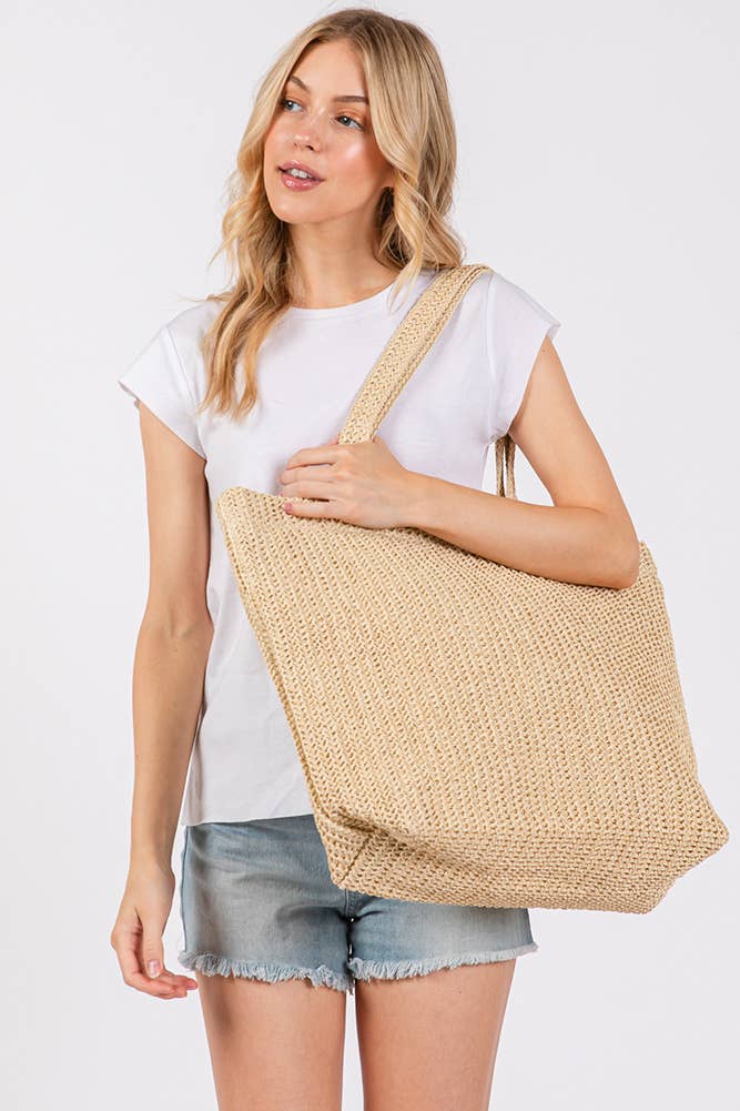 Solid Color Crochet Summer Straw Tote Bag