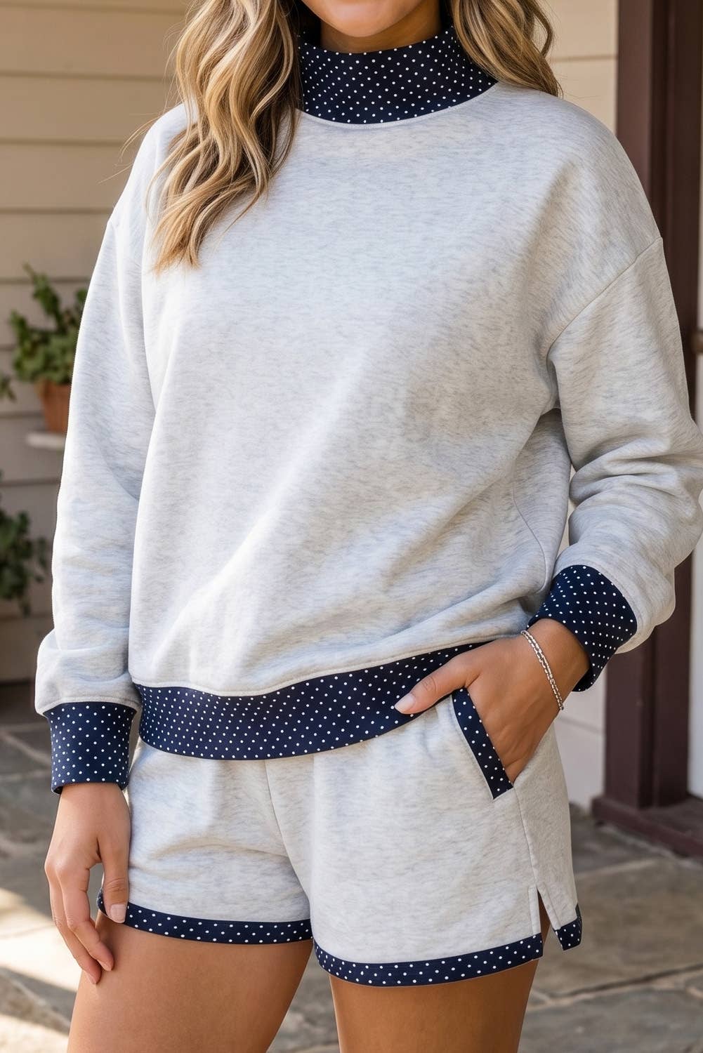 LA Society - LAS Polka Dot Patchwork Casual Mock Neck Lounge Set (S-XL)