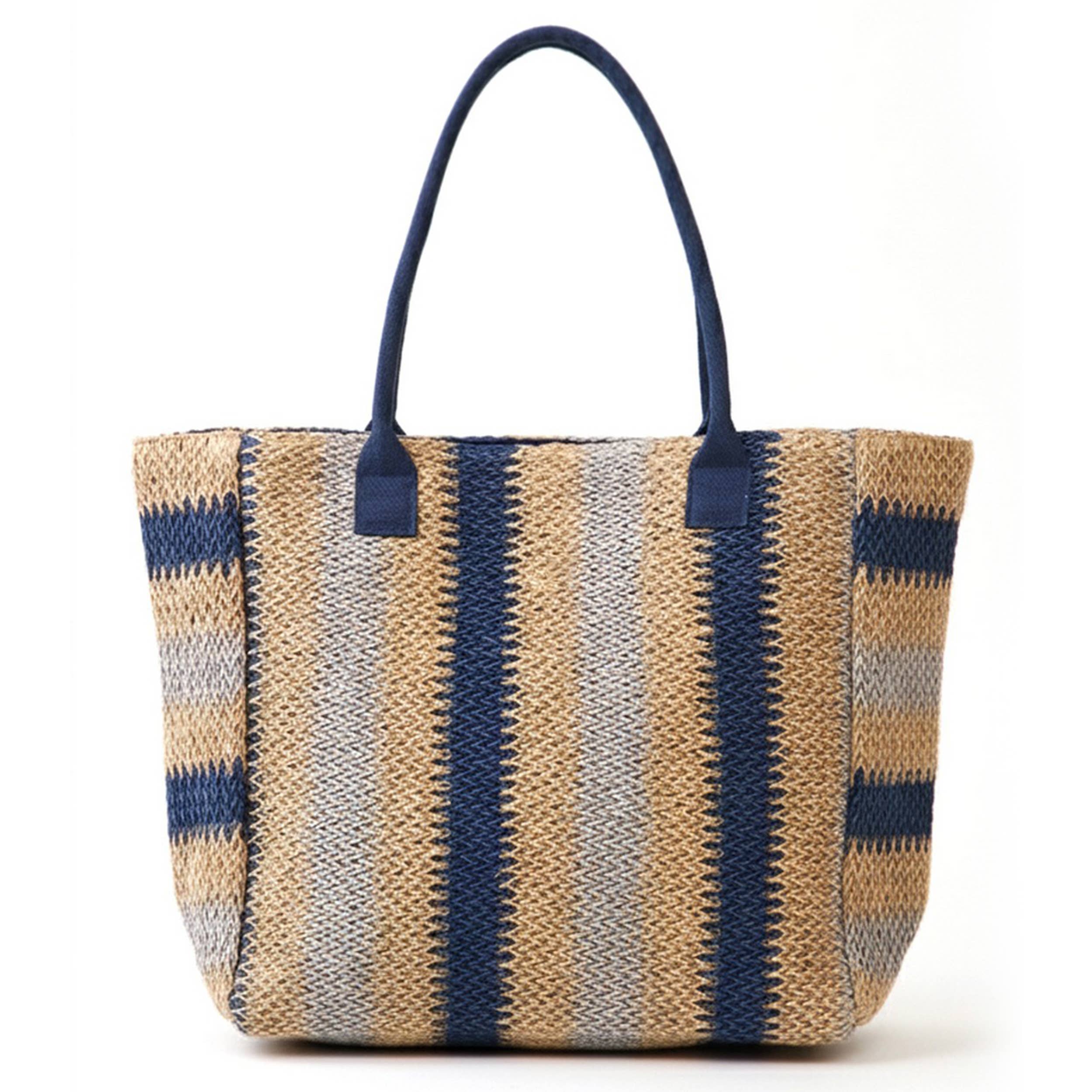 Hana - Multi Color Stripe Pattern Natural Brown Straw Tote Bag