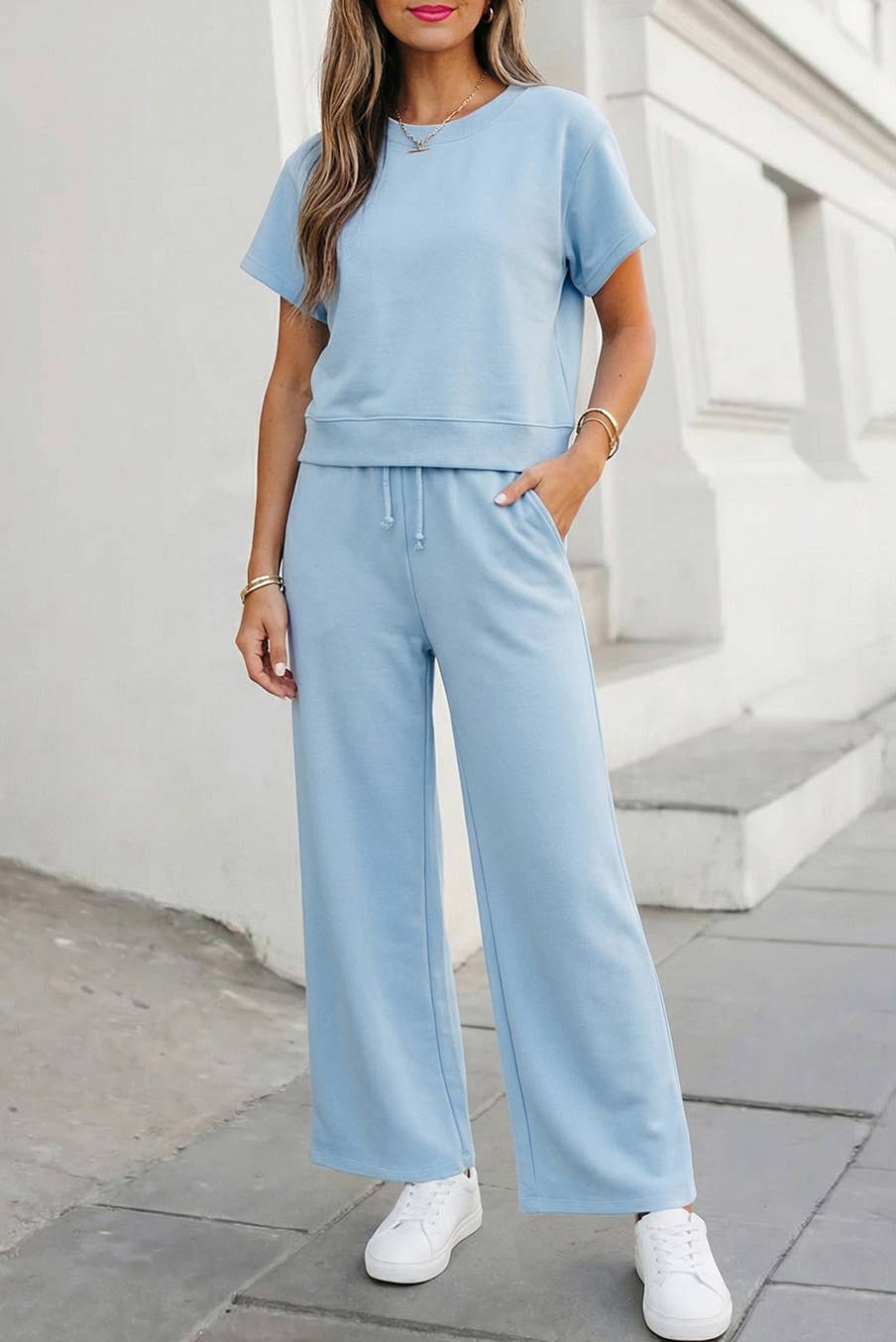 Aapparella - Soft Color Tee & Wide Leg Pants 2pcs Set | S-XL Plus 1X-4X