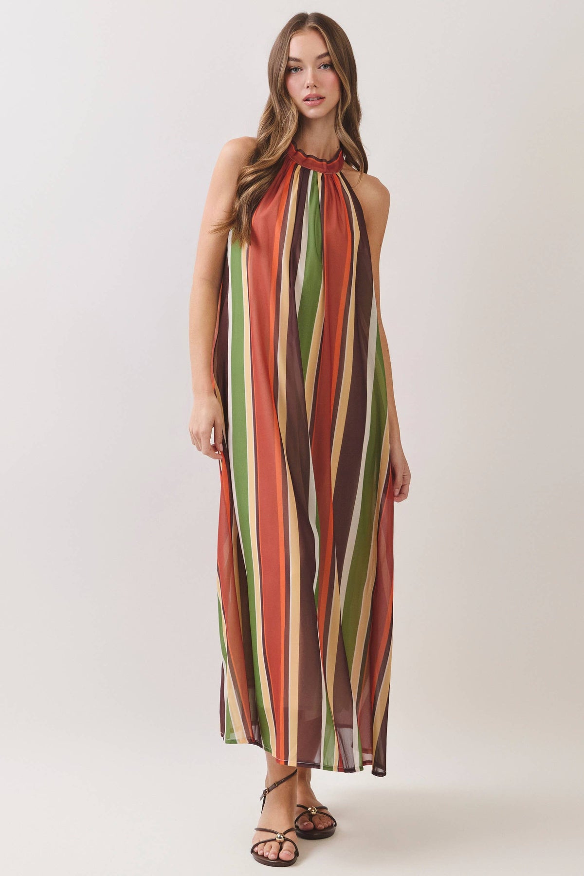 TCEC - CD07529-Multi Stripe Halter Maxi Dress