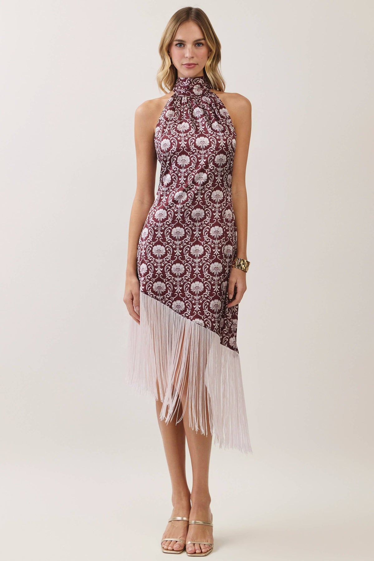Floral Print Halter Fringe Midi Dress
